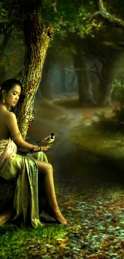 Serene forest maiden on bench with lush greenery backdrop.