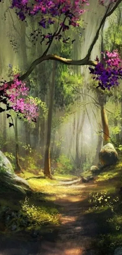 Enchanting forest path with pink flowers and vibrant greenery.