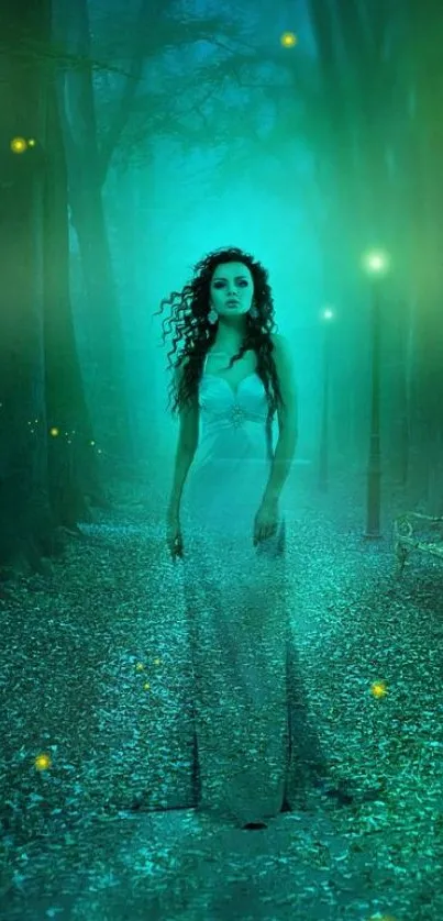 Ethereal forest scene with glowing ambiance and a mystical figure.