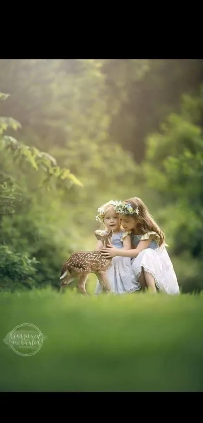 Two girls with a fawn in an enchanting forest setting.