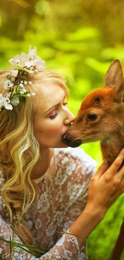 Woman tenderly kisses deer in lush forest setting.