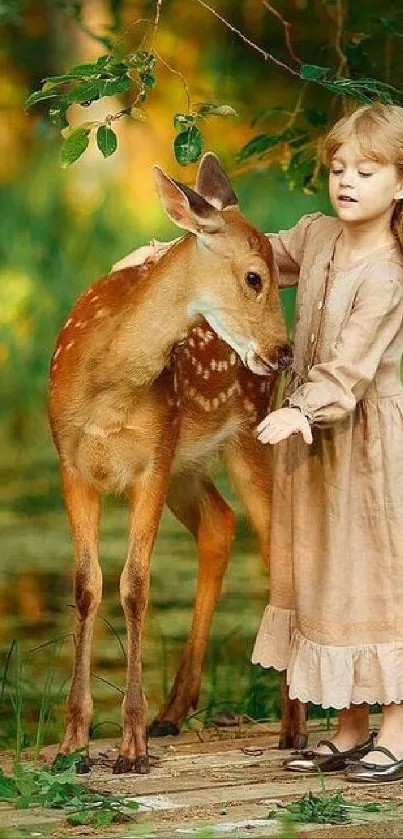 A young girl and deer in a lush green forest setting.