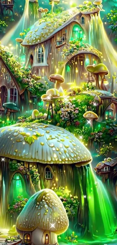 Enchanting mushroom houses in a mystical forest with glowing lights.