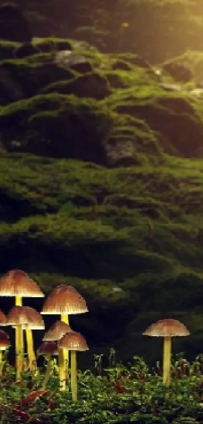 Mobile wallpaper with forest mushrooms and a golden sunrise.