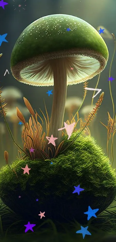 Mystical green mushroom in an enchanted forest wallpaper.