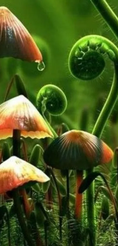 Lush green forest wallpaper with mushrooms.