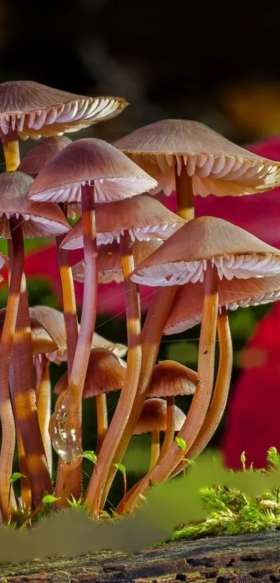 Enchanting mushroom cluster on moss with autumn leaves in a serene forest scene.