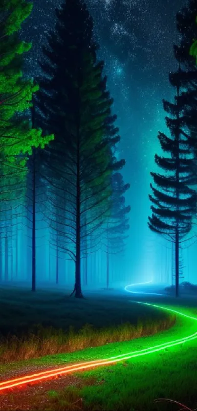 A neon lighted path winding through a glowing forest under a starlit sky.