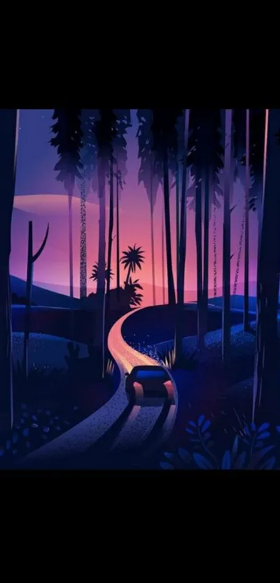 Luminescent road through forest at night with vibrant colors.