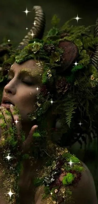 Mystical forest nymph in green foliage with intricate details.