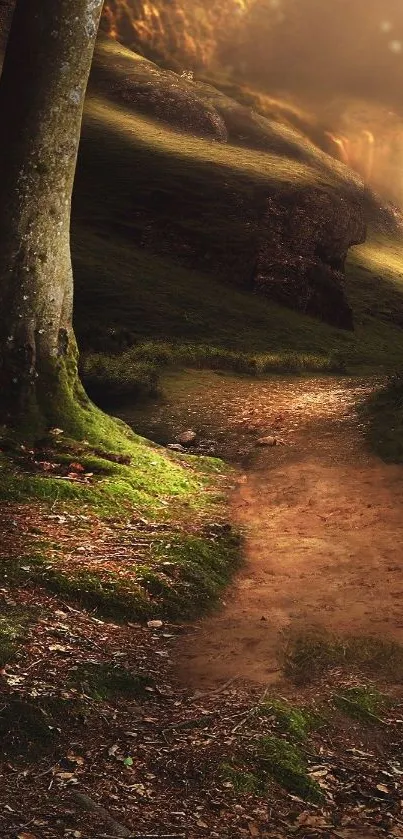 A serene forest path with warm sunlight filtering through the dense trees.