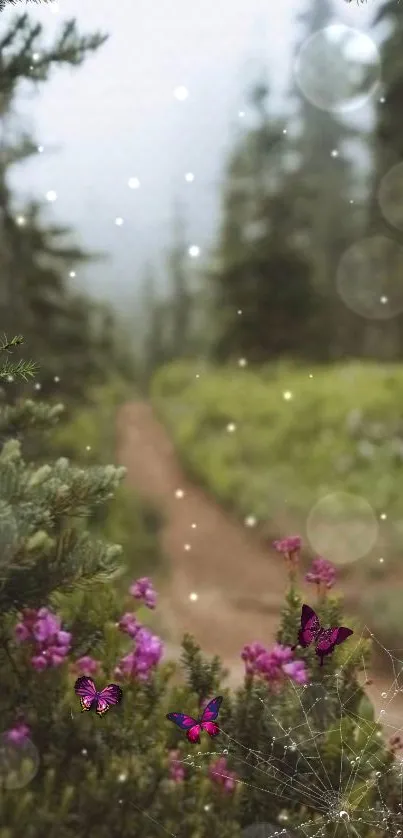 Enchanting forest path with butterflies and sparkling lights.