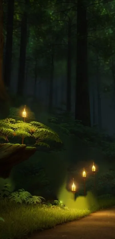 Mystical forest path with glowing lanterns on a serene night.