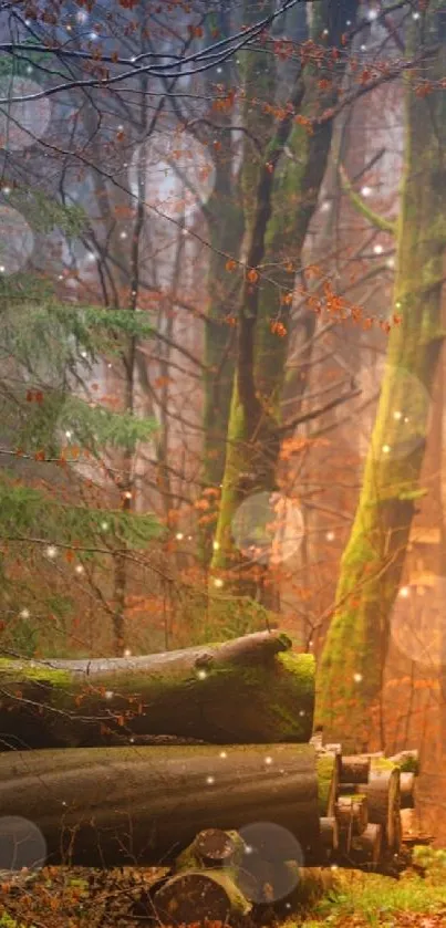 Serene forest path wallpaper with trees, fog, and autumn colors.