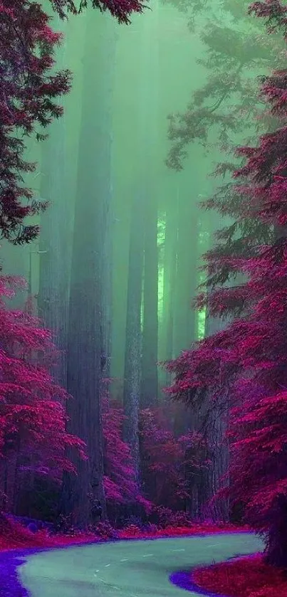 Enchanting forest path with magenta trees and green mist.