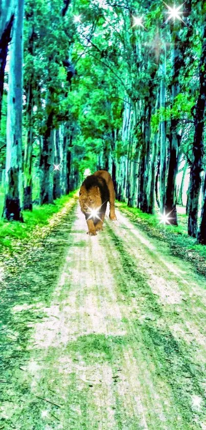 Mystical forest path with a stag under dappled sunlight.