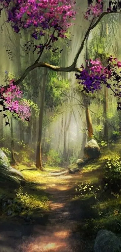 Enchanting forest path with pink blossoms and lush greenery.