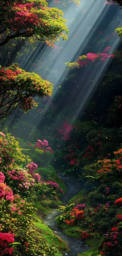 Enchanting forest pathway with sunlit trees and vibrant flowers.