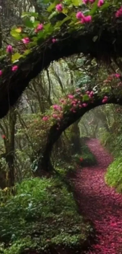 Enchanting forest path adorned with pink flowers.