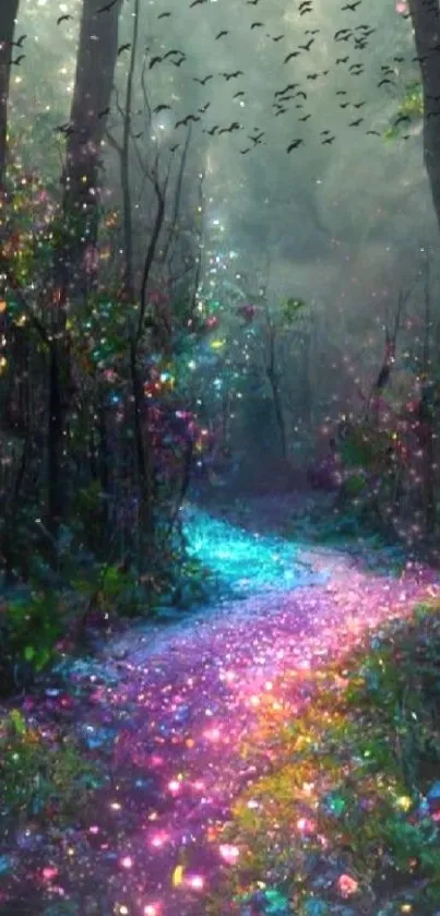 Glowing rainbow path through a mystical forest with towering trees.