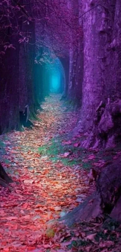 Mystical purple forest pathway with colorful leaves.