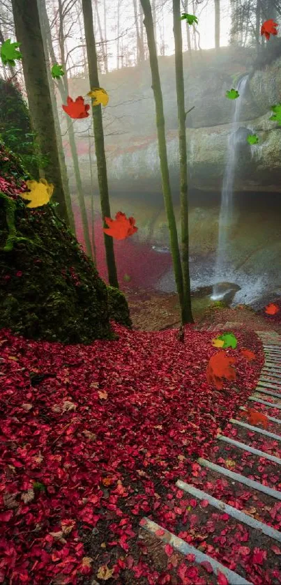 Forest path with red leaves and waterfall in autumn.