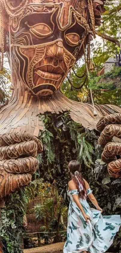 Giant wooden figure with a woman in a dress entering its open chest in a forest.