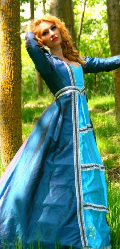 Woman in a blue dress in a sunlit forest setting.