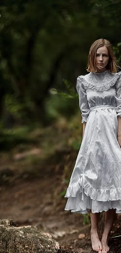 Young woman in white dress amidst lush forest.