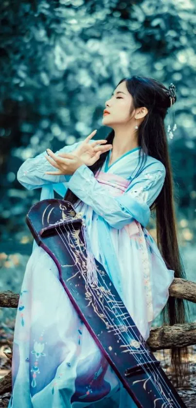 Woman in traditional attire sitting in a forest, elegant wallpaper.