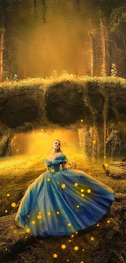 Majestic princess in blue gown with glowing magic in a mystical forest.