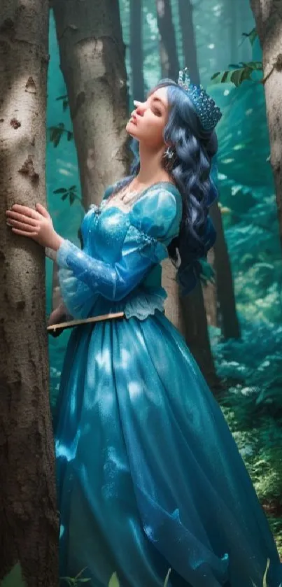 Serene princess in blue gown in forest