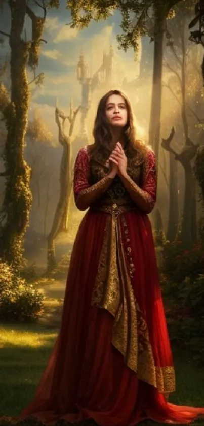 A forest princess in a red dress stands in a mystical woodland setting.