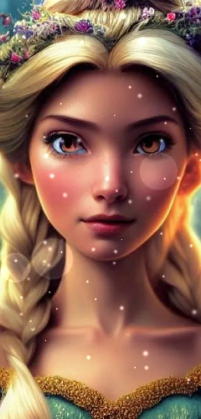 Blonde princess in the forest with a floral crown.