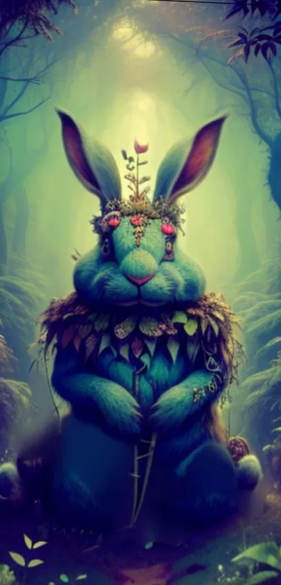 A mystical teal rabbit in an enchanting forest setting.