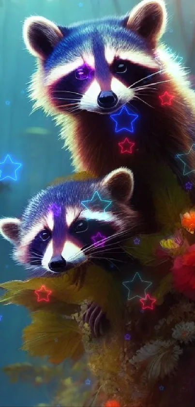 Adorable raccoons in magical forest setting with colorful flowers.