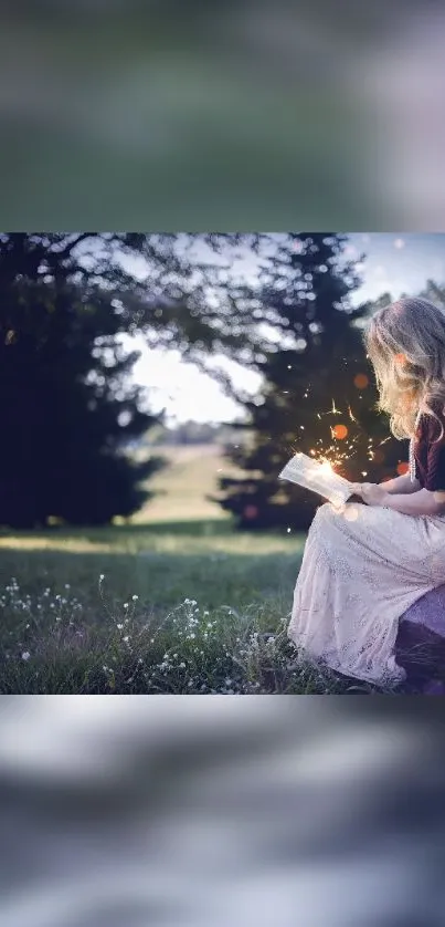 Woman in forest reading with magical glow and serene atmosphere.