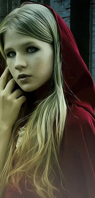 Red Riding Hood stands in a dark forest with a mysterious expression.