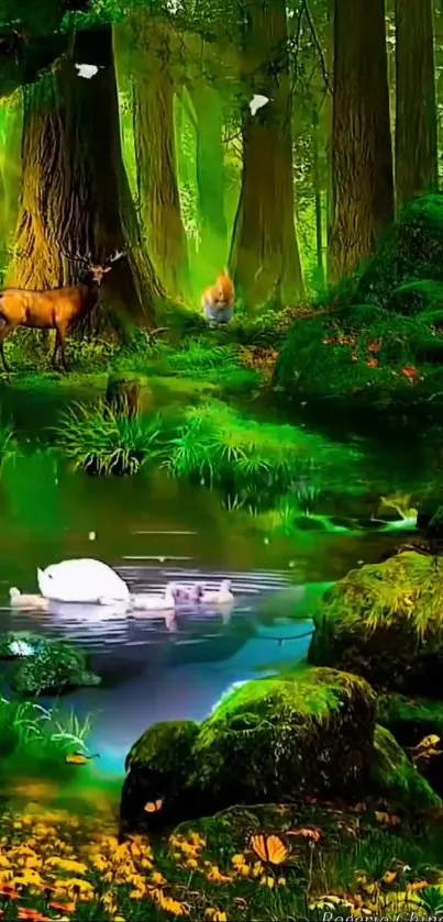 Enchanting forest scene with wildlife and lush greenery.