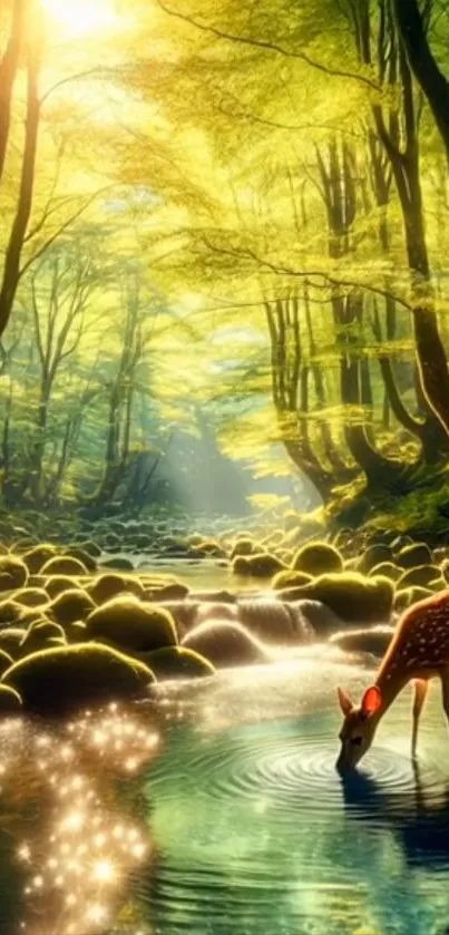 A deer drinks from a stream in a sunlit forest.