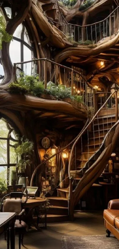 Cozy forest-inspired interior with spiral staircase and lush greenery.