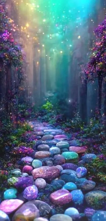 Magical forest path with colorful glowing stones illuminating the scene.