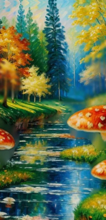 Enchanting forest stream with vibrant mushrooms and autumn leaves.