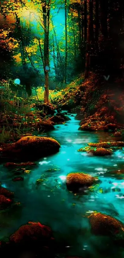 Enchanting forest stream with vibrant colors and lush, tranquil scenery.