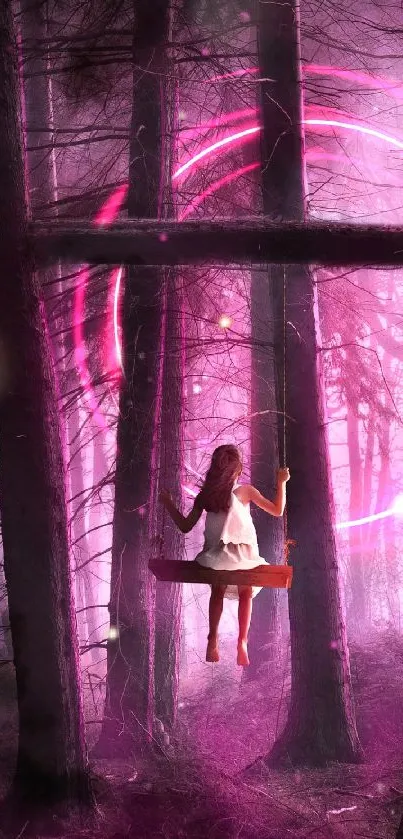 Girl on swing in illuminated pink forest scene.