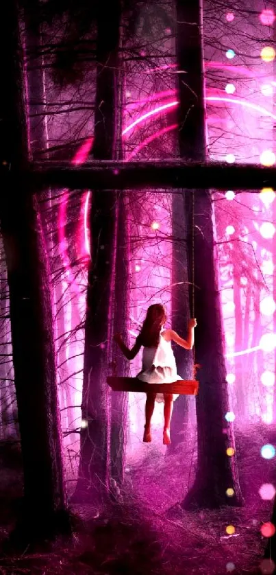 Girl on a swing in a mystical, pink-lit forest scene.