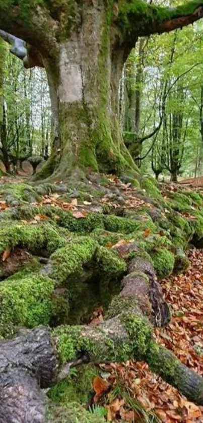 Majestic tree with moss and fallen leaves in serene forest.