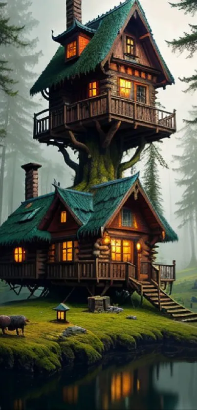 Enchanting treehouse in a lush forest setting with serene atmosphere.