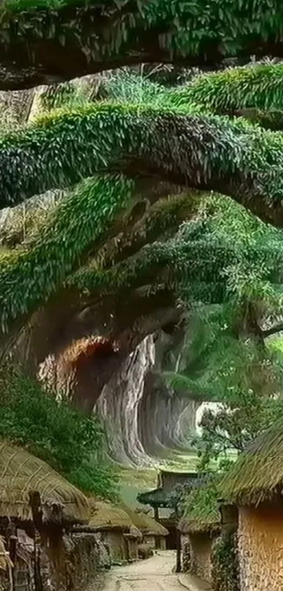 Scenic forest path through lush, green village with thatched cottages.