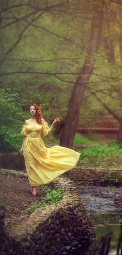 Woman in yellow dress walking in a lush, green forest setting.